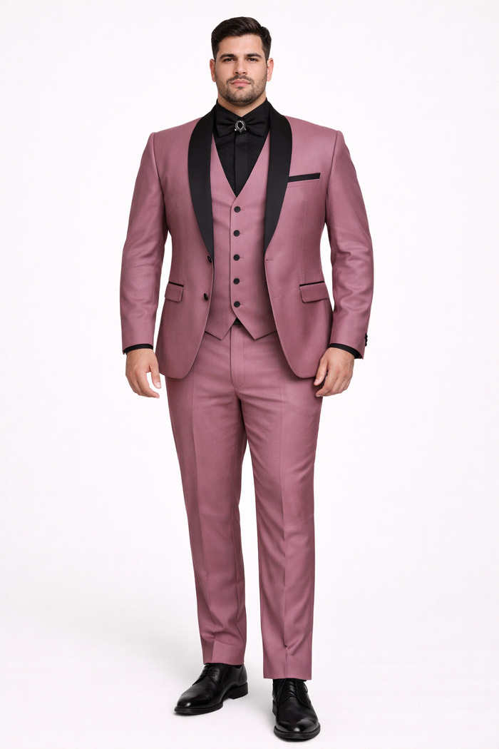 Men's Mauve Pink Tuxedo Suit  3-Piece Slim Fit with Black Satin Shawl Lapel