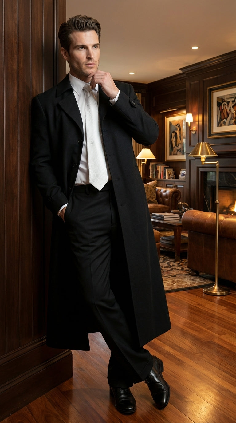 Men's Maxi  Black Full Length Zoot Suit – Vintage Gangster Style Long Coat Formal Suit