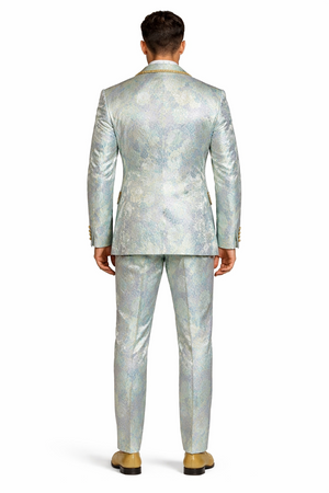 Men's Mint Green - Sage and Gold Trim Collar Floral Brocade Blazer with Gold Embellishments Prom Suit