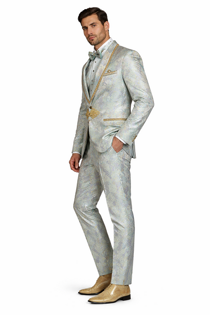 Men's Mint Green - Sage and Gold Trim Collar Floral Brocade Blazer with Gold Embellishments Prom Suit