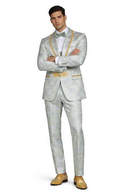 Men's Mint Green - Sage and Gold Trim Collar Floral Brocade Blazer with Gold Embellishments Prom Suit