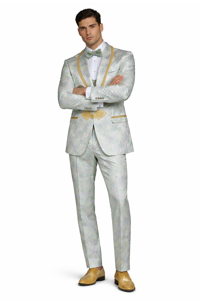 Men's Mint Green - Sage and Gold Trim Collar Floral Brocade Blazer with Gold Embellishments Prom Suit