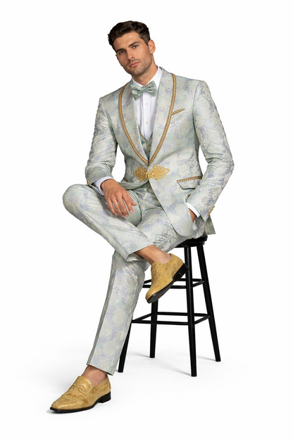 Men's Mint Green - Sage and Gold Trim Collar Floral Brocade Blazer with Gold Embellishments Prom Suit