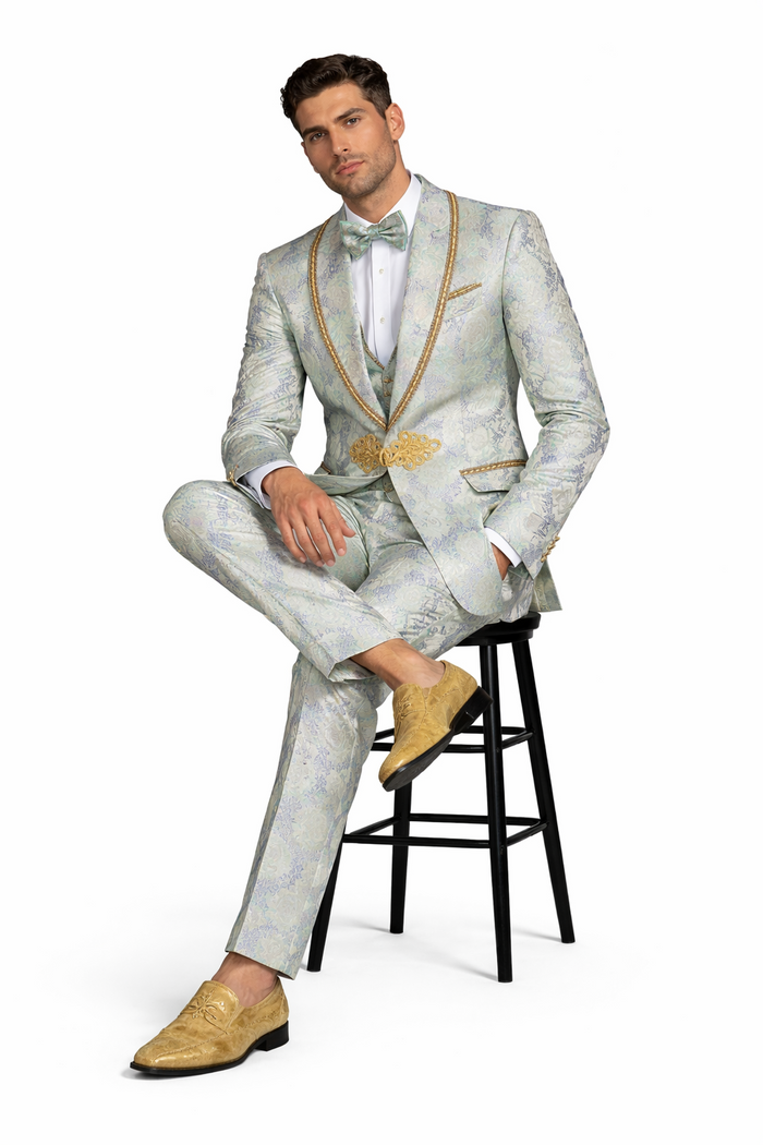 Men's Mint Green - Sage and Gold Trim Collar Floral Brocade Blazer with Gold Embellishments Prom Suit