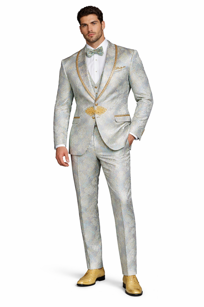 Men's Mint Green - Sage and Gold Trim Collar Floral Brocade Blazer with Gold Embellishments Prom Suit