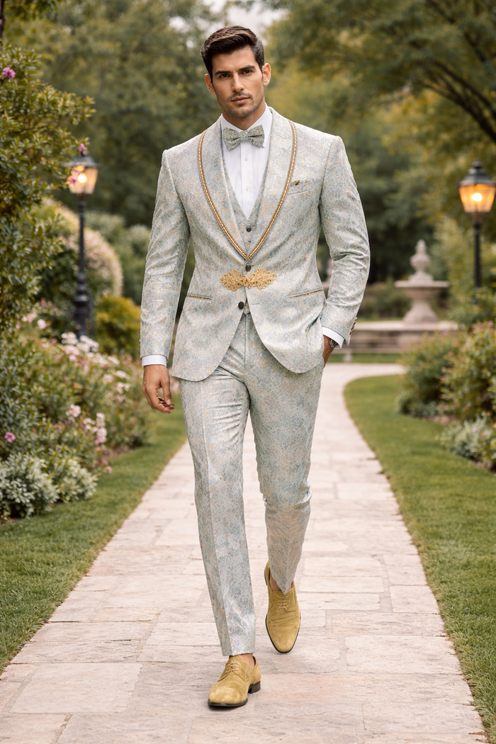Men's Mint Green - Sage and Gold Trim Collar Floral Brocade Blazer with Gold Embellishments Prom Suit