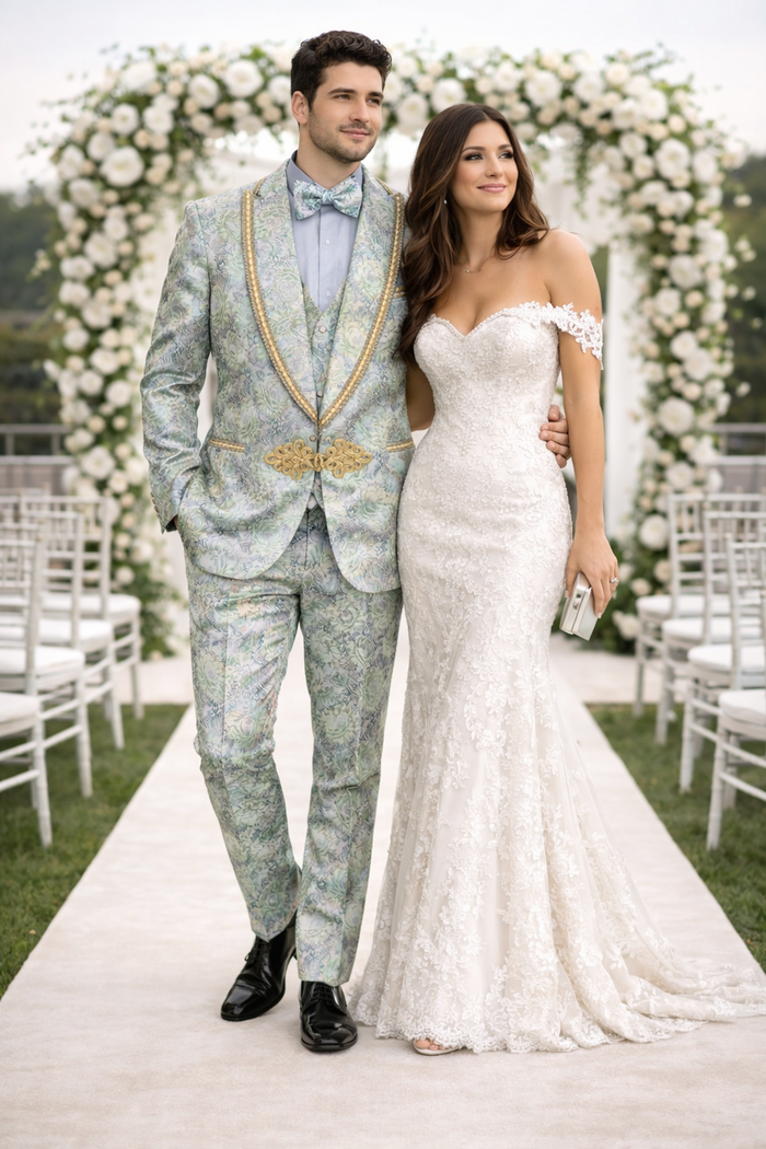 Men's Mint Green - Sage and Gold Trim Collar Floral Brocade Blazer with Gold Embellishments Prom Suit