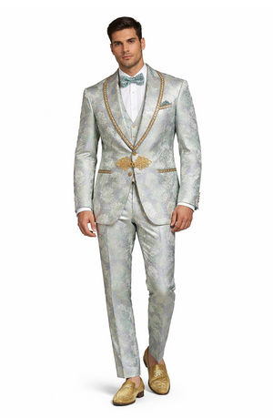 Men's Mint Green - Sage and Gold Trim Collar Floral Brocade Blazer with Gold Embellishments Prom Suit