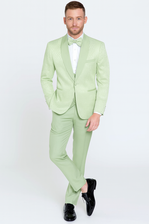 Mens Mint Green Tuxedo Suit  Slim Fit Shawl Lapel with Matching Bow Tie in Sage Green Color - Light Green