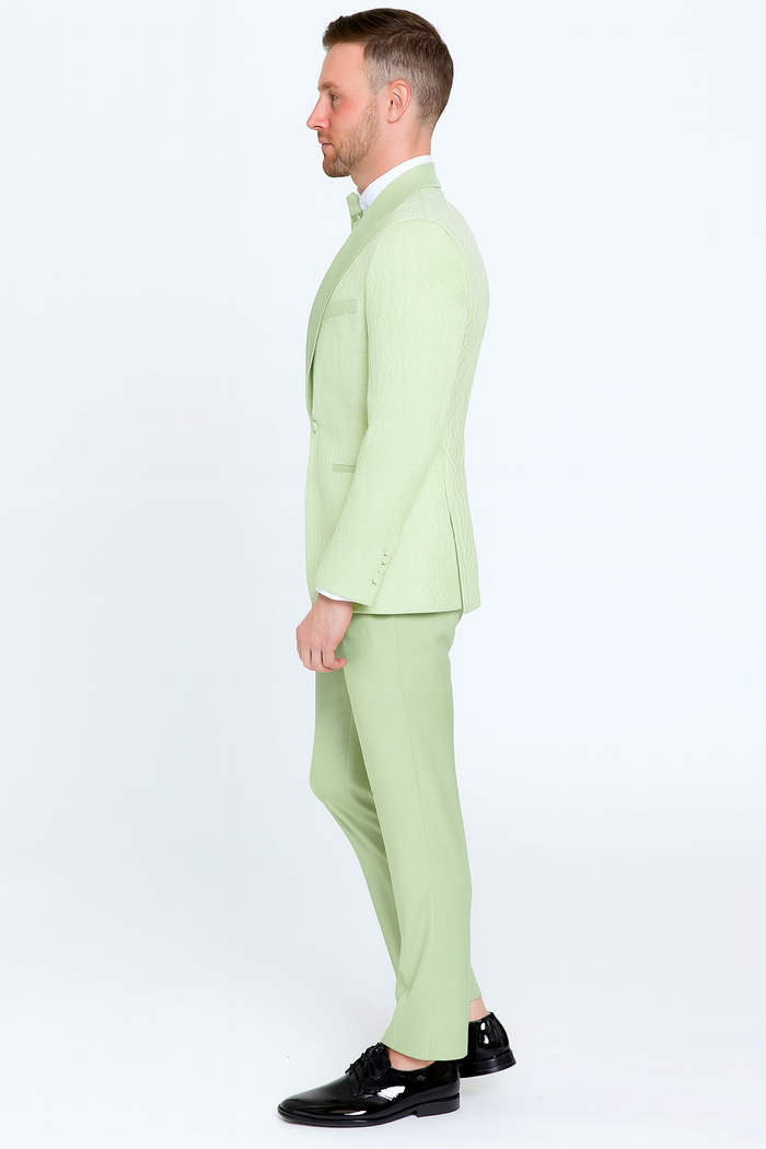 Mens Mint Green Tuxedo Suit  Slim Fit Shawl Lapel with Matching Bow Tie in Sage Green Color - Light Green