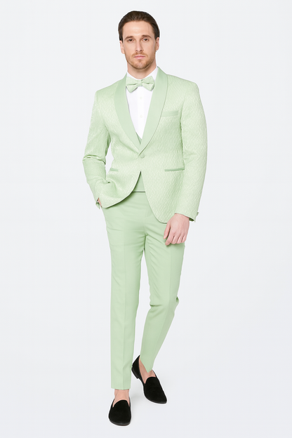 Mens Mint Green Tuxedo Suit  Slim Fit Shawl Lapel with Matching Bow Tie in Sage Green Color - Light Green