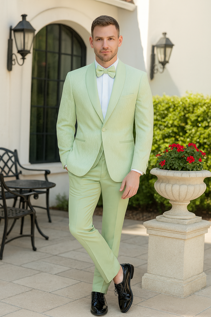 Mens Mint Green Tuxedo Suit  Slim Fit Shawl Lapel with Matching Bow Tie in Sage Green Color - Light Green