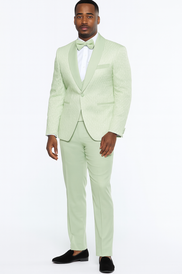 Mens Mint Green Tuxedo Suit  Slim Fit Shawl Lapel with Matching Bow Tie in Sage Green Color - Light Green