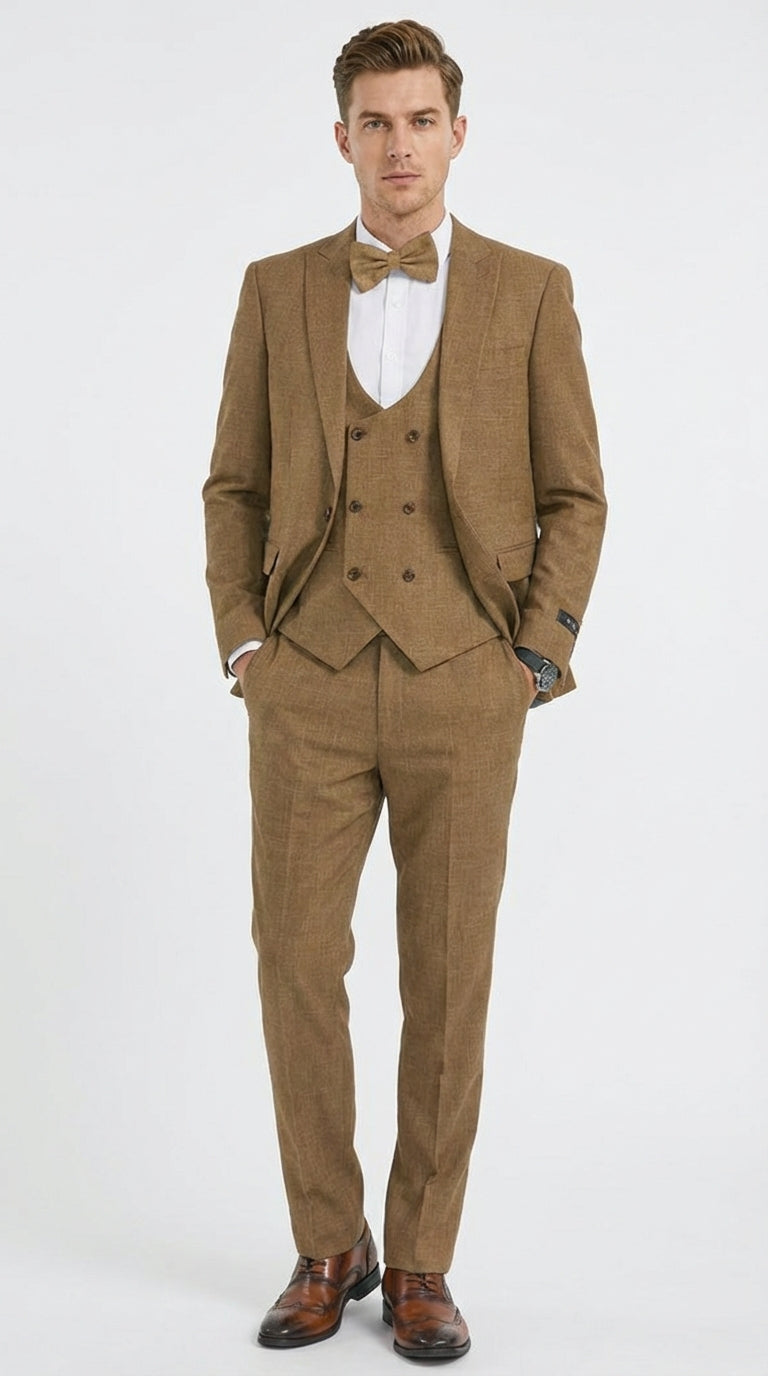 Mens Mocca Brown Taupe textured 1920s Great Gatsby Inspired Suit – Vintage Three Piece Retro Formal Suit Peak Lapel