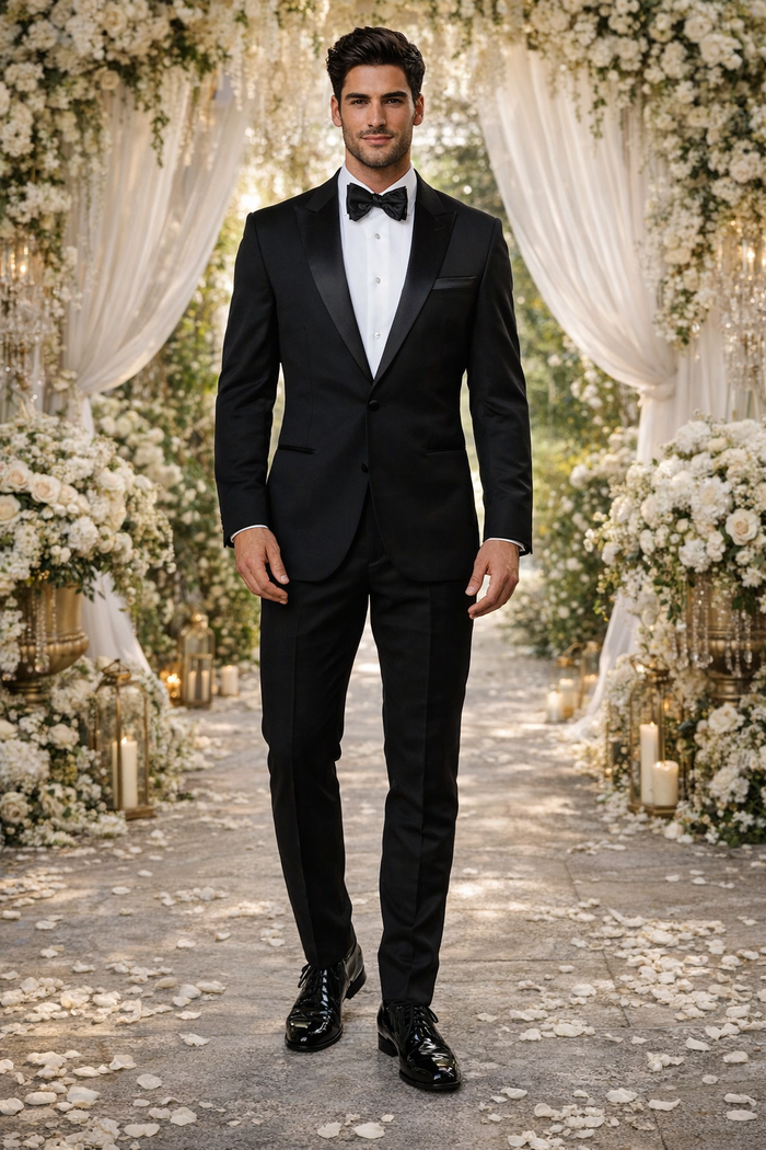 Mens Modern Fit 1 Button Peak Wool Tuxedo in Black