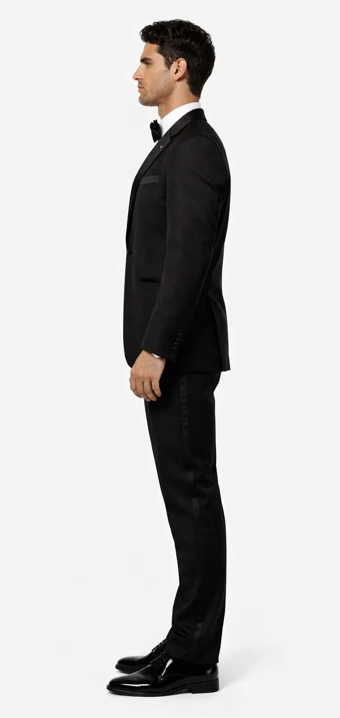 Mens Modern Fit 1 Button Peak Wool Tuxedo in Black