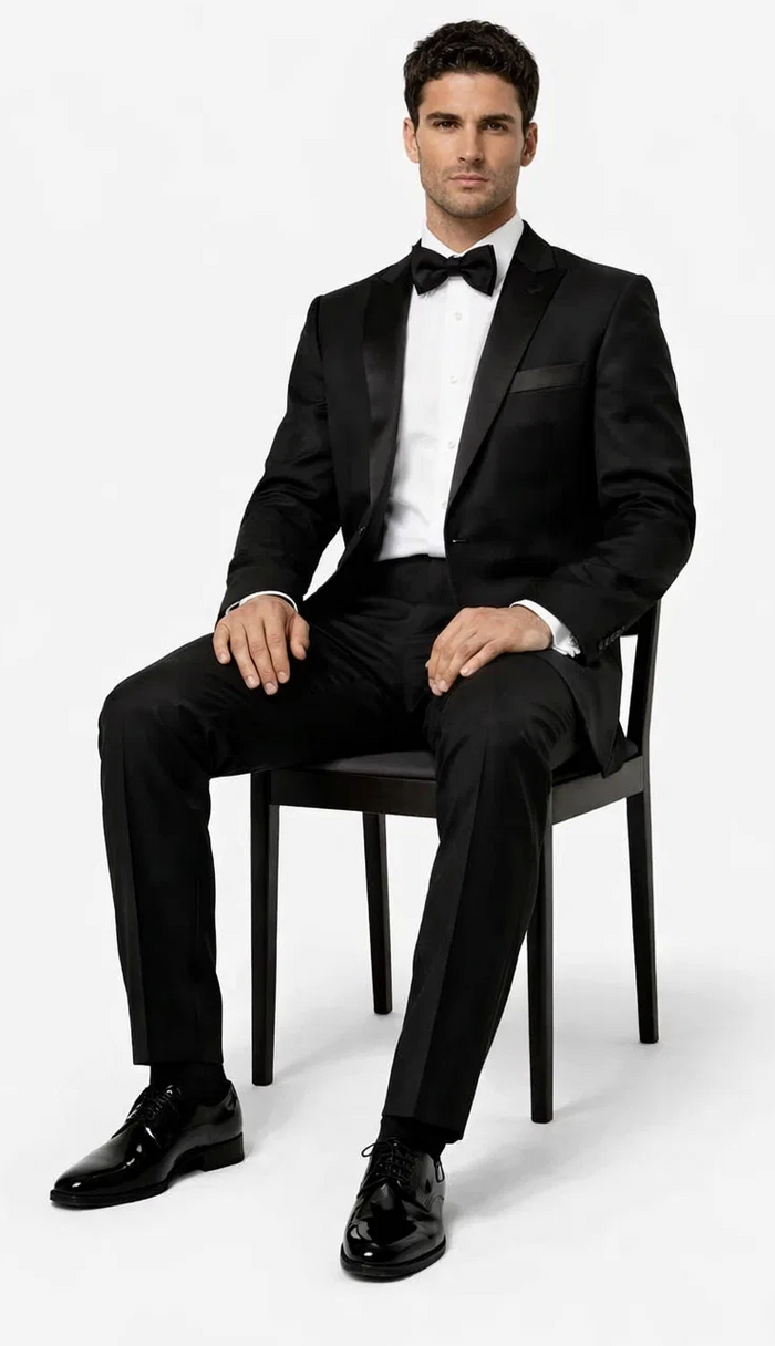 Mens Modern Fit 1 Button Peak Wool Tuxedo in Black