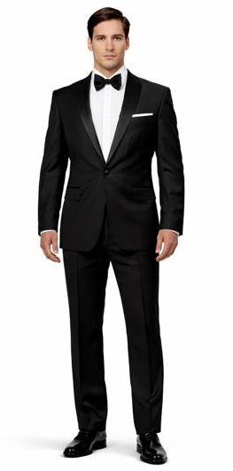 Mens Modern Fit 1 Button Peak Trim Wool Tuxedo in Black