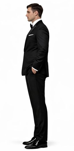 Mens Modern Fit 1 Button Peak Trim Wool Tuxedo in Black