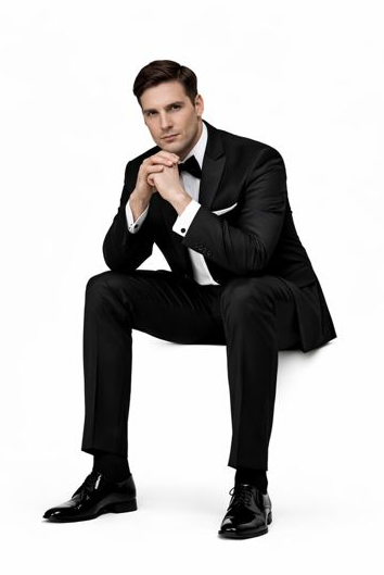 Mens Modern Fit 1 Button Peak Trim Wool Tuxedo in Black