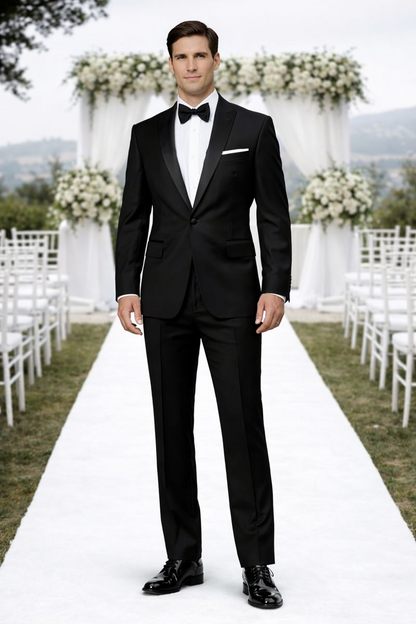 Mens Modern Fit 1 Button Peak Trim Wool Tuxedo in Black