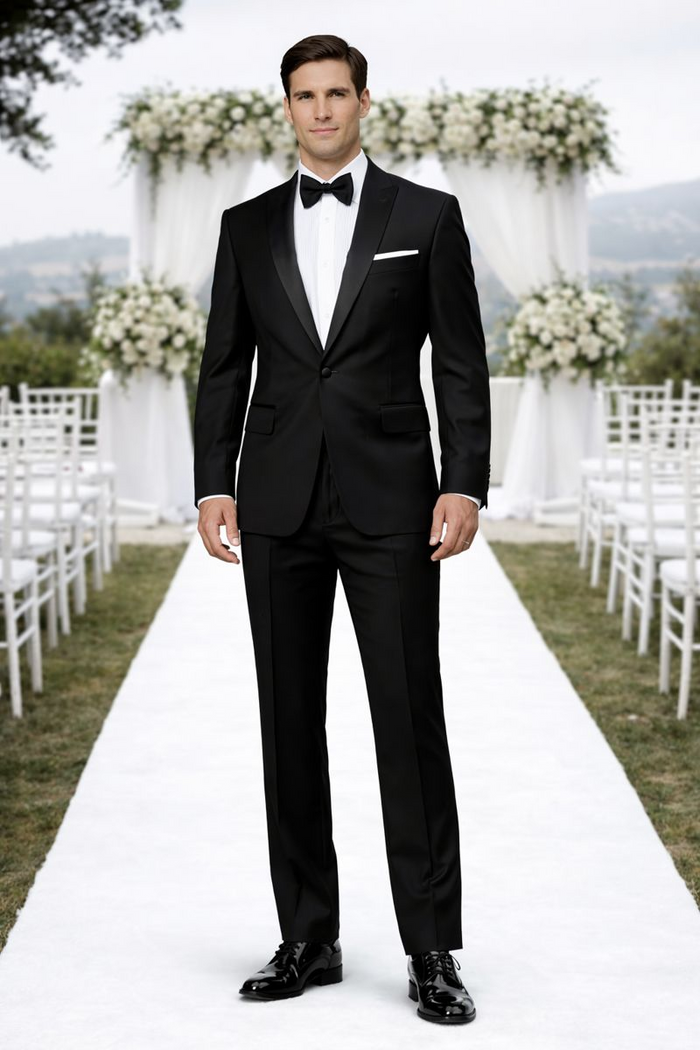 Mens Modern Fit 1 Button Peak Trim Wool Tuxedo in Black