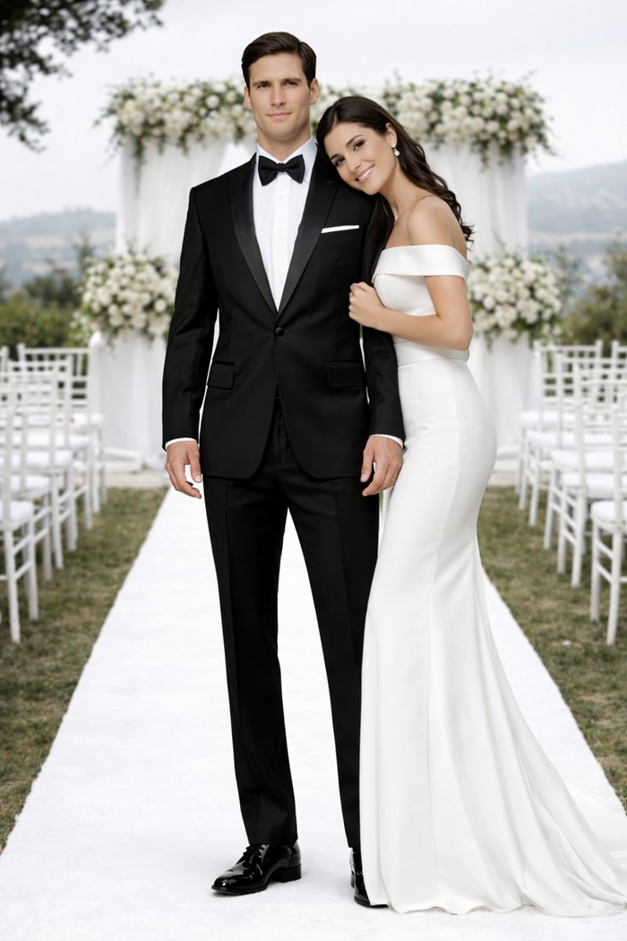 Mens Modern Fit 1 Button Peak Trim Wool Tuxedo in Black