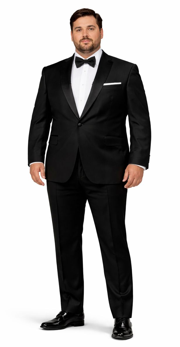Mens Modern Fit 1 Button Peak Trim Wool Tuxedo in Black