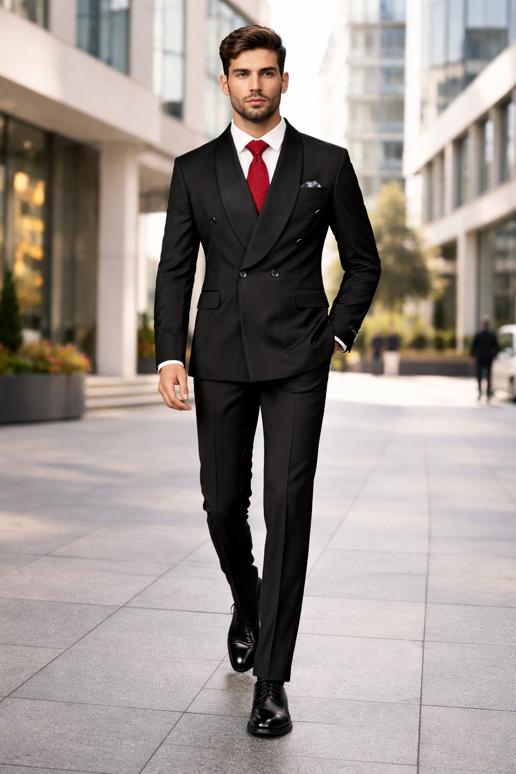 Mens Modern Fit Double Breasted Shawl Lapel Suit in Black