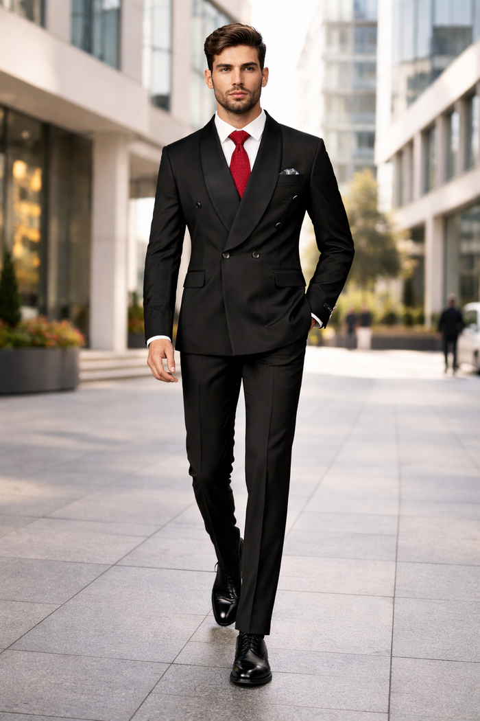 Mens Modern Fit Double Breasted Shawl Lapel Suit in Black