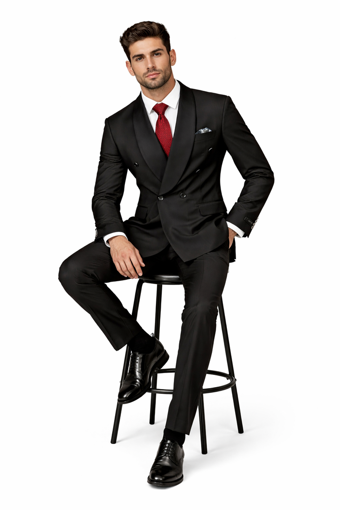 Mens Modern Fit Double Breasted Shawl Lapel Suit in Black