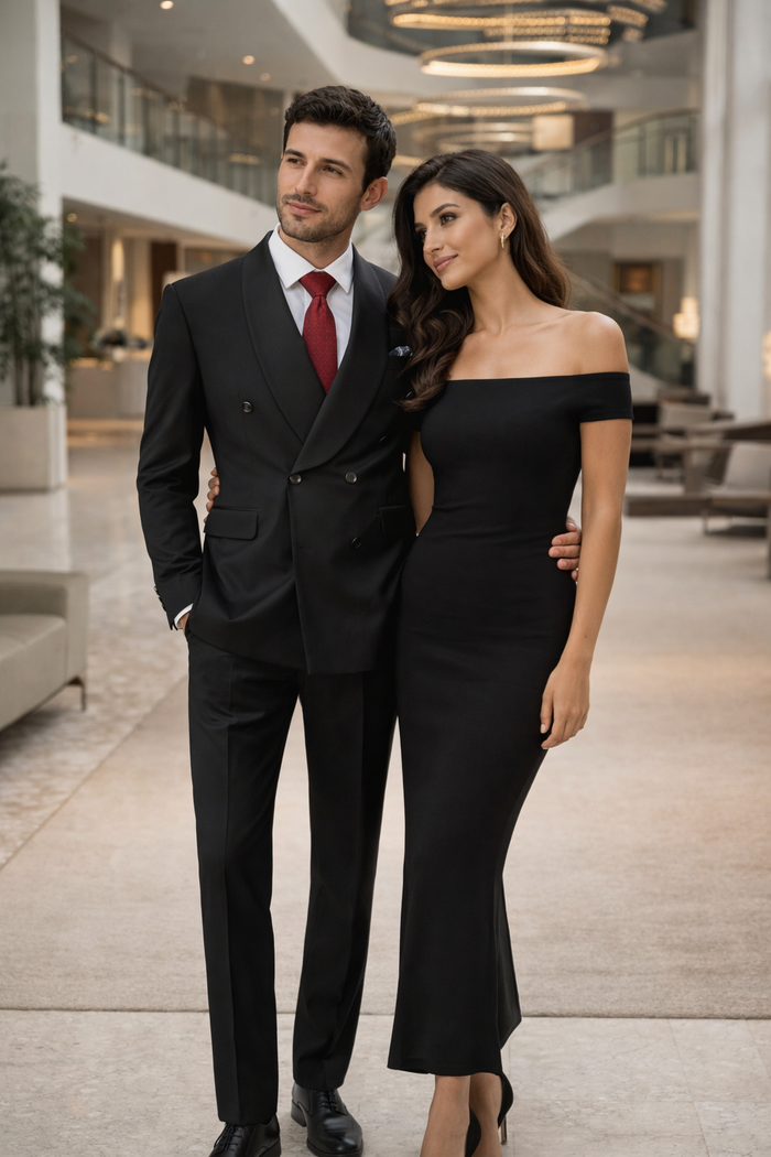 Mens Modern Fit Double Breasted Shawl Lapel Suit in Black