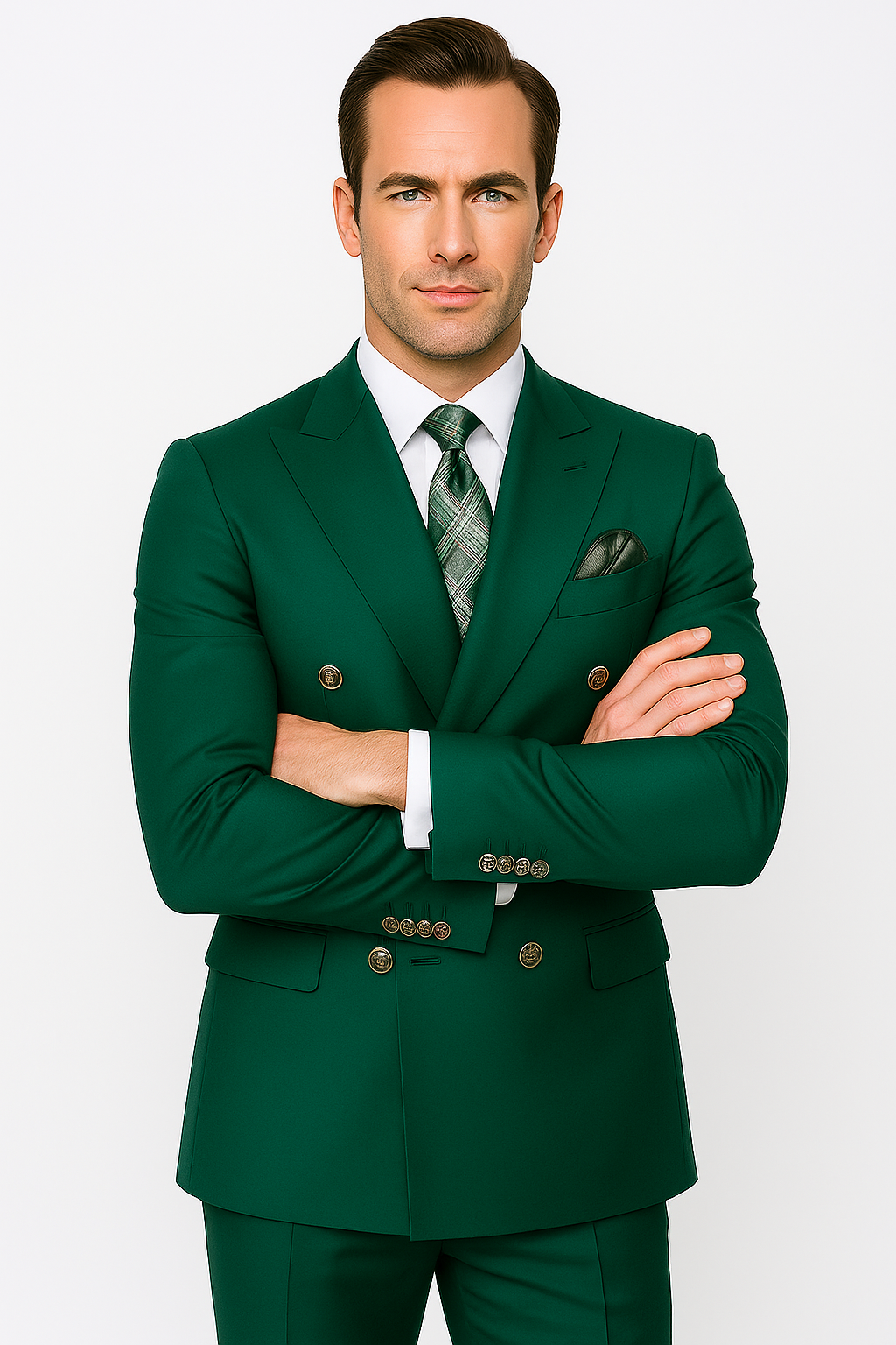Mens Designer Modern Fit Double Breasted Wool Suit with Gold Buttons in Hunter Green