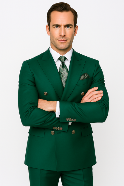 Mens Designer Modern Fit Double Breasted Wool Suit with Gold Buttons in Hunter Green
