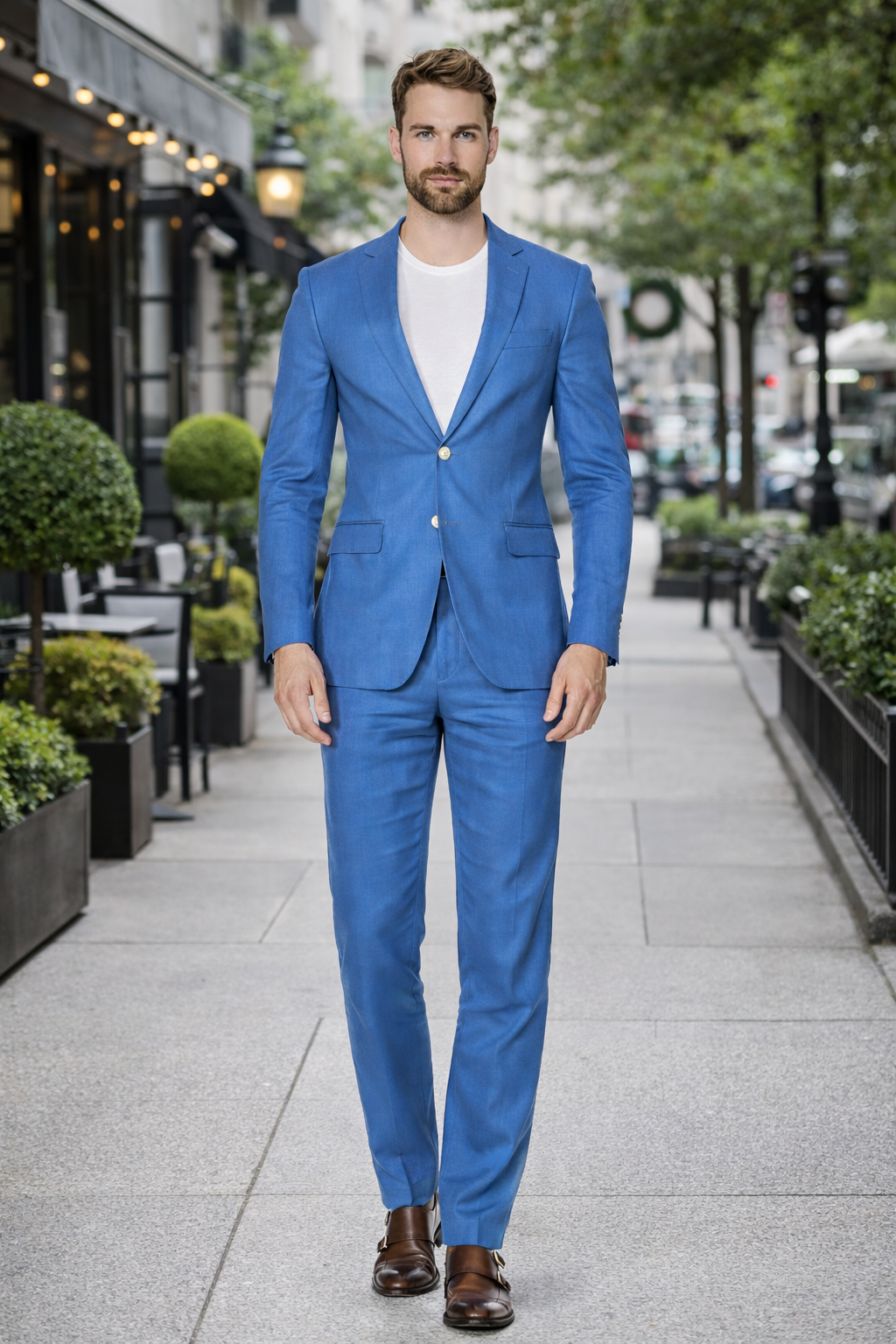 Mens Modern Fit Linen Wedding Suit Indigo