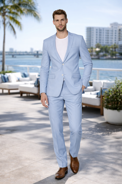 Mens Modern Fit Linen Wedding Suit Light Blue