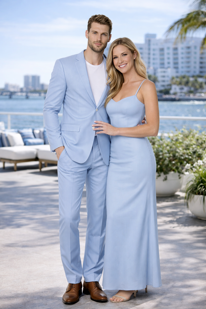 Mens Modern Fit Linen Wedding Suit Light Blue