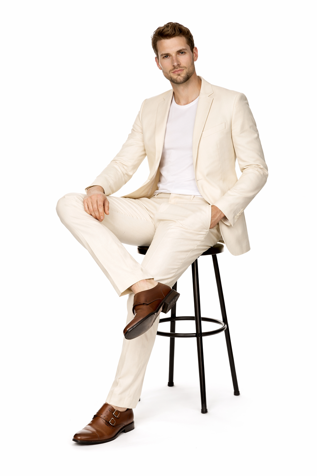 Mens Modern Fit Linen Wedding Suit Natural Tan