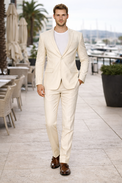 Mens Modern Fit Linen Wedding Suit Natural Tan
