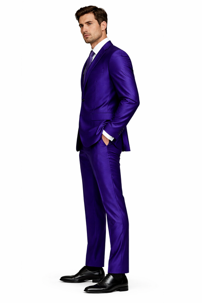 Mens Modern Fit Shiny Sharkskin Suit in Purple