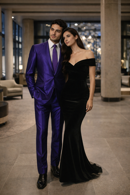 Mens Modern Fit Shiny Sharkskin Suit in Purple