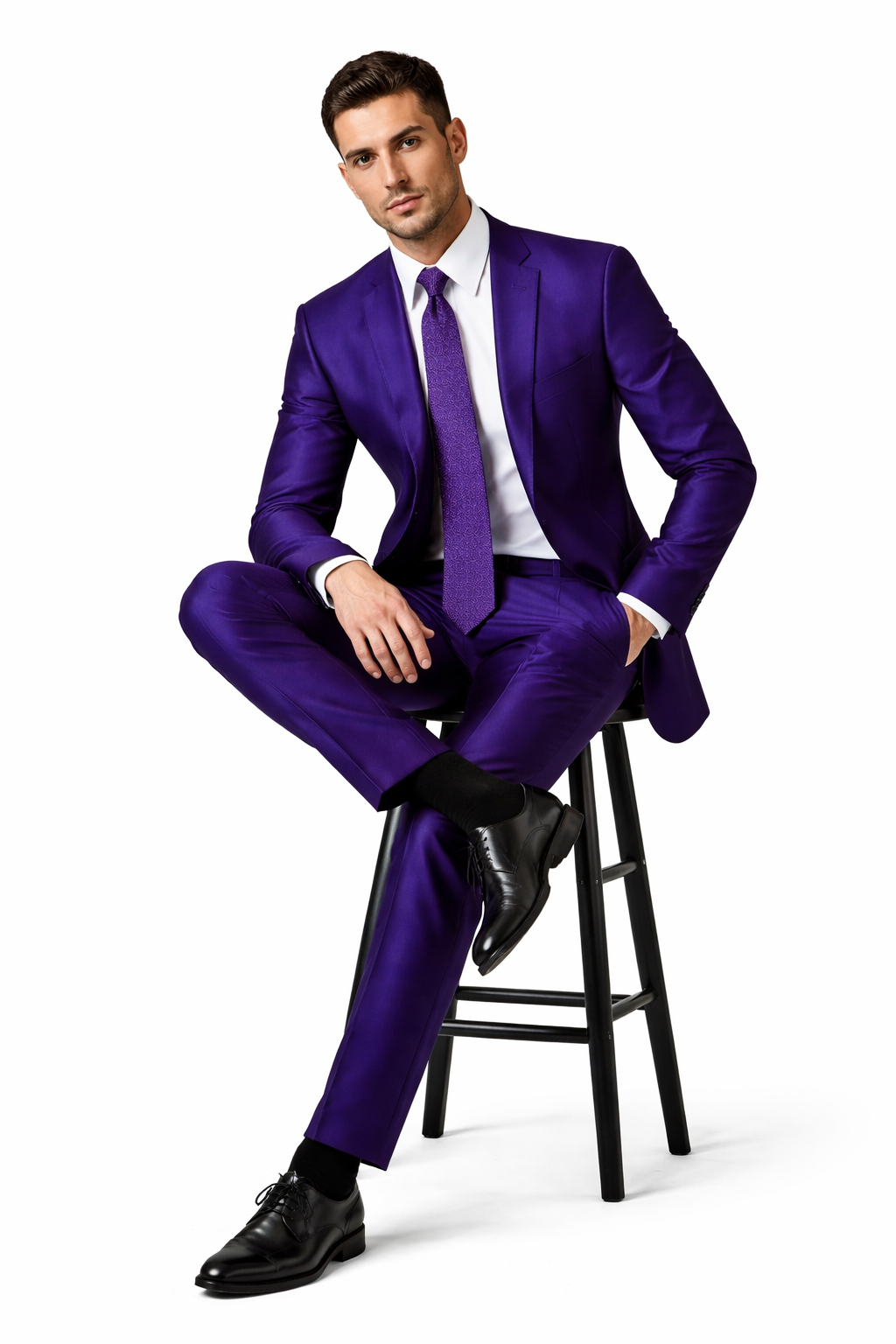 Mens Modern Fit Shiny Sharkskin Suit in Purple