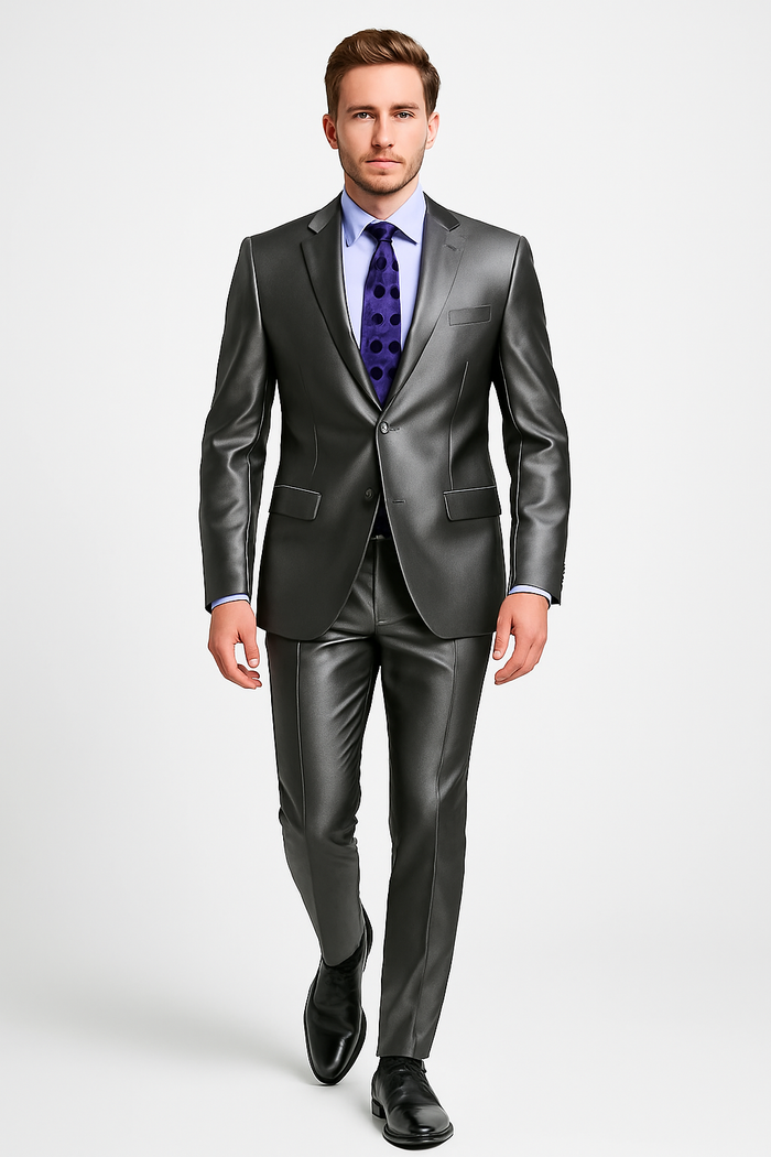 Men's Shiny Sharkskin Suit in Silver Grey