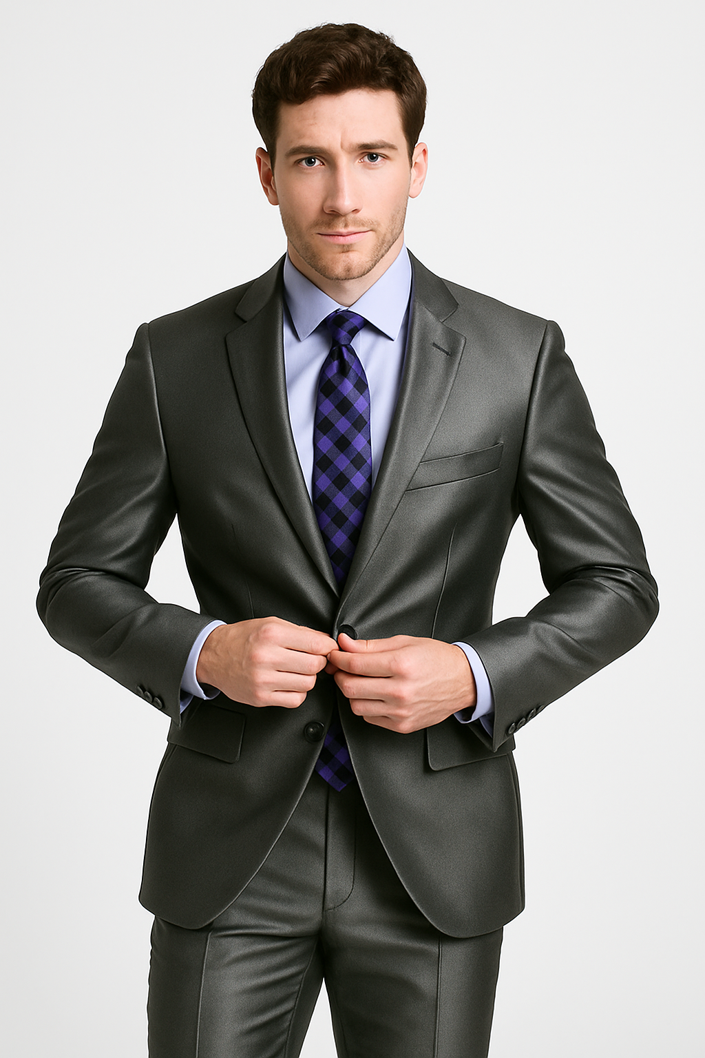 Mens Shiny Sharkskin Suit in Silver Grey