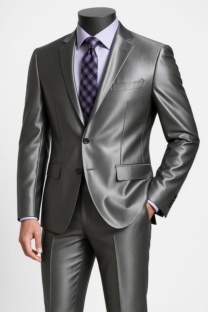 Men's Shiny Sharkskin Suit in Silver Grey