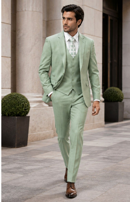 EJ Samuel Mens Modern Fit Sharkskin Vested Suit in Moss Green