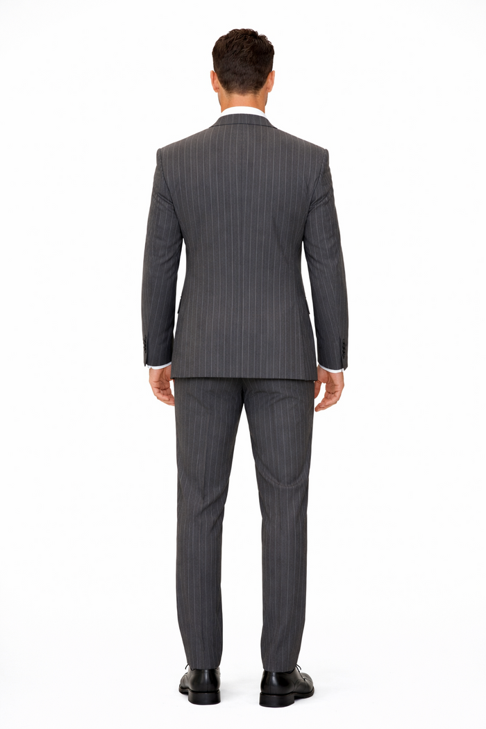 Mens Modern Fit Venetian Gatsby Suit  Charcoal Pinstripe with Vest - Banker Stripe