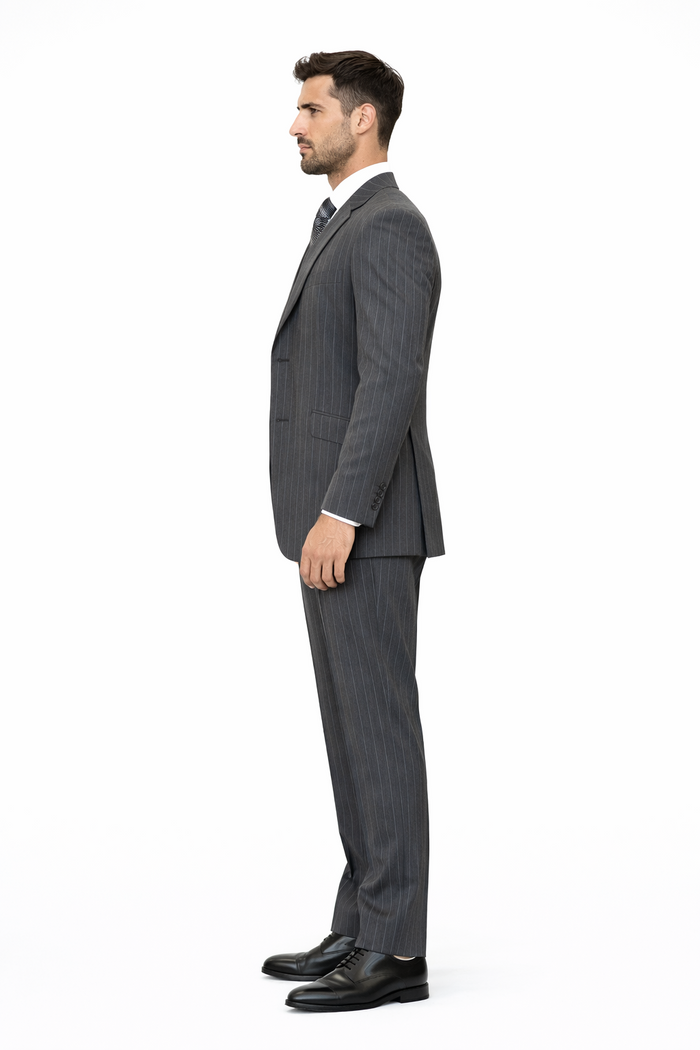 Mens Modern Fit Venetian Gatsby Suit  Charcoal Pinstripe with Vest - Banker Stripe