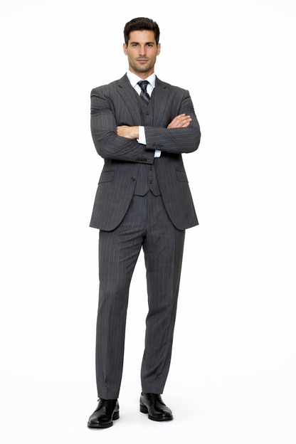 Mens Modern Fit Venetian Gatsby Suit  Charcoal Pinstripe with Vest - Banker Stripe
