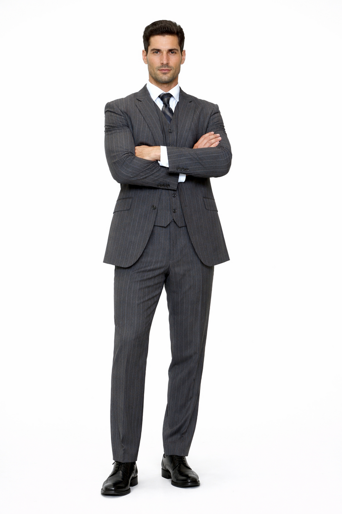 Mens Modern Fit Venetian Gatsby Suit  Charcoal Pinstripe with Vest - Banker Stripe